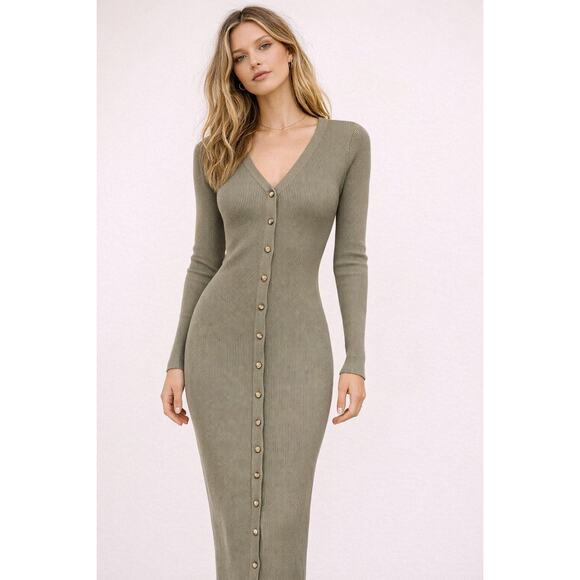 Harper & Ivy Dresses & Skirts - Harper & Ivy Ribbed Knit Midi Dress Sage Green Button Front Bodycon Small NWOT